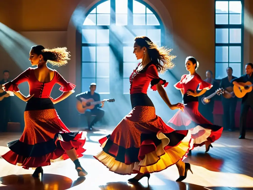 Danzarines apasionados en un círculo, vistiendo trajes flamencos vibrantes, expresan la intensidad y tradición de la danza flamenca en un retiro