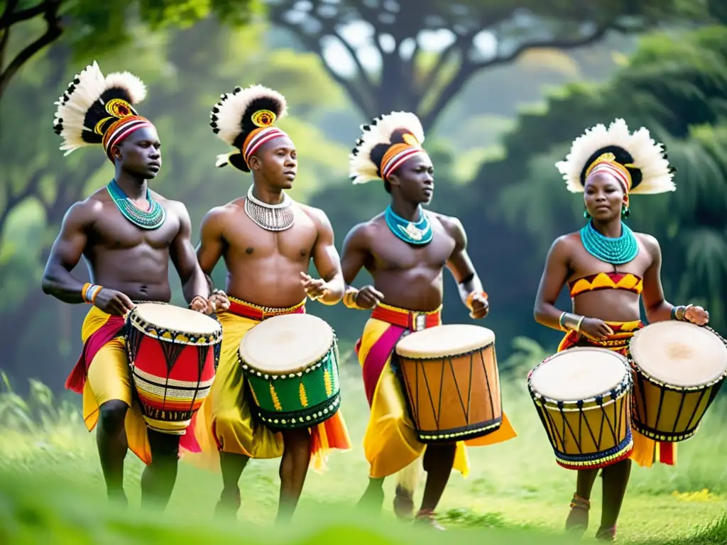 Danzarines Bantu con trajes tradicionales en un paisaje exuberante