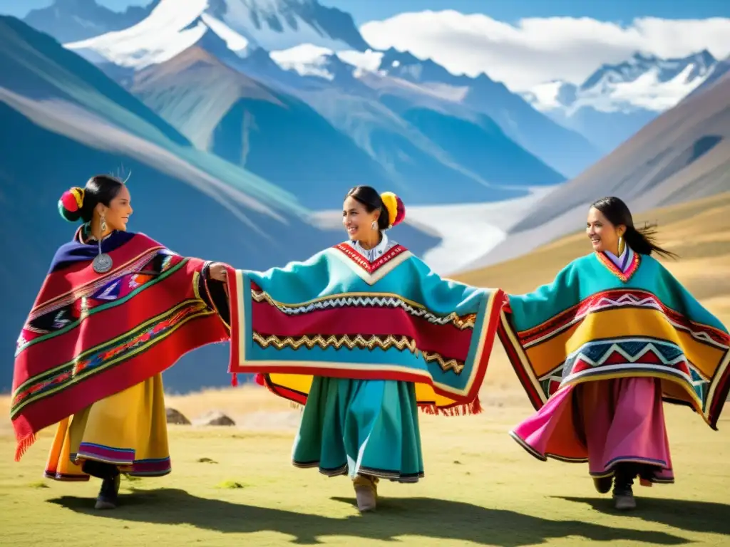 Danzarines chilenos con ponchos coloridos danzan con pasión frente a los Andes