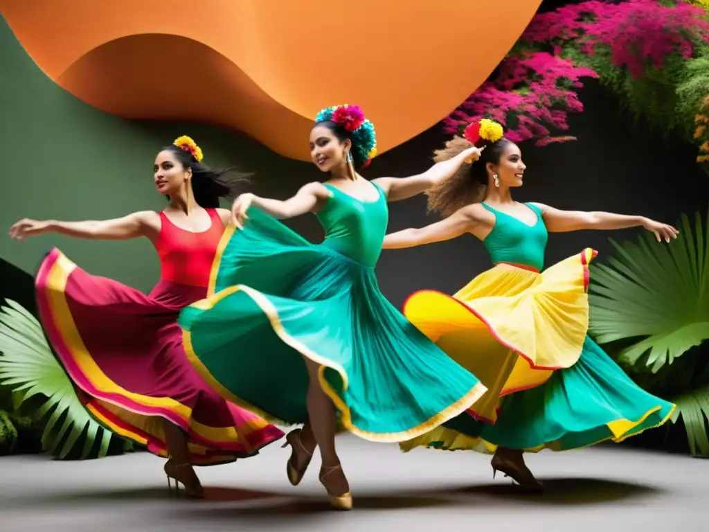 Danzarines contemporáneos en trajes vibrantes inspirados en la danza folclórica mexicana, en movimiento armonioso entre la naturaleza