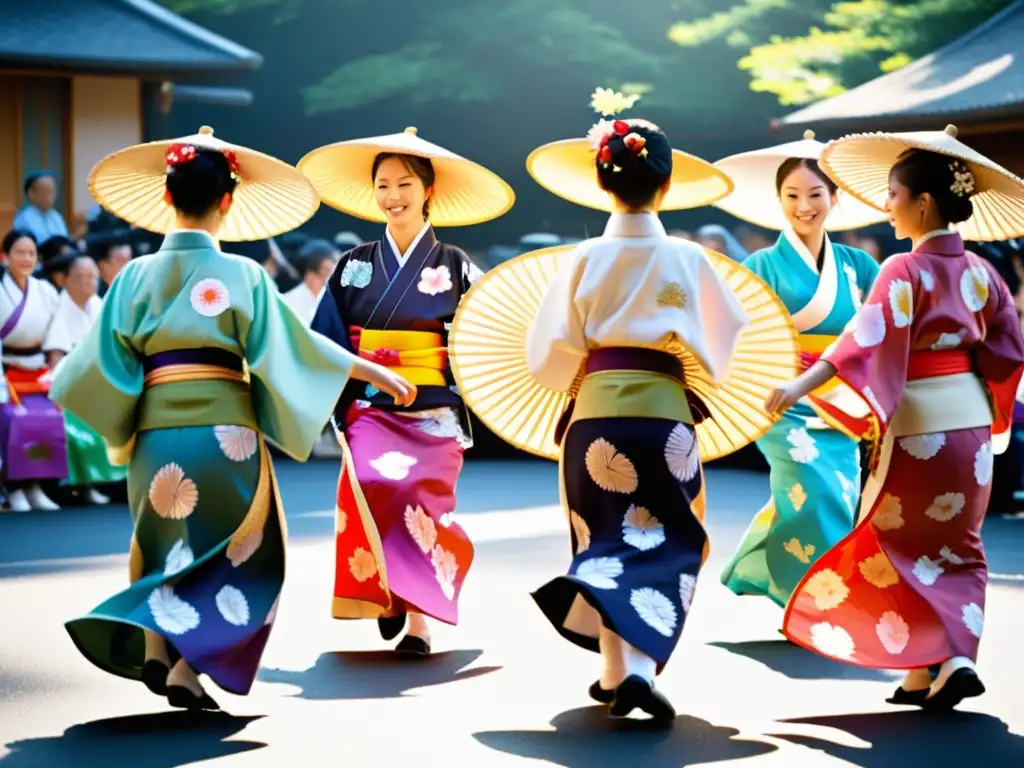 Danzarines en el Festival Awa Odori Tokushima significado cultural celebran con yukatas vibrantes, abanicos y tambores, bajo el cálido sol