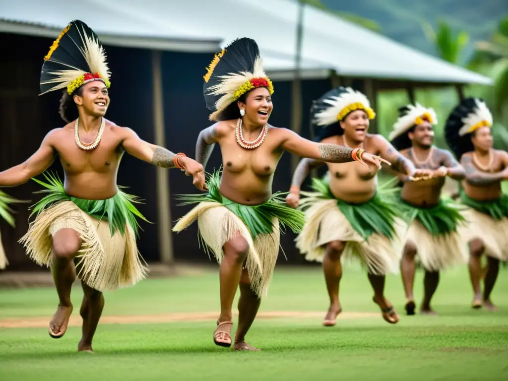 Danzarines fijianos con trajes tradicionales realizan un meke, reflejando el significado cultural del Meke Fijiano con gracia y energía