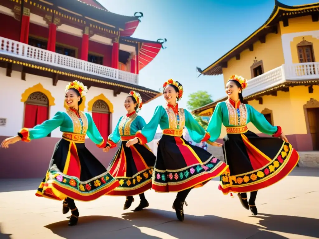 Danzarines folklóricos con atuendos modernizados y vibrantes, saltando con energía y gracia en un escenario tradicional