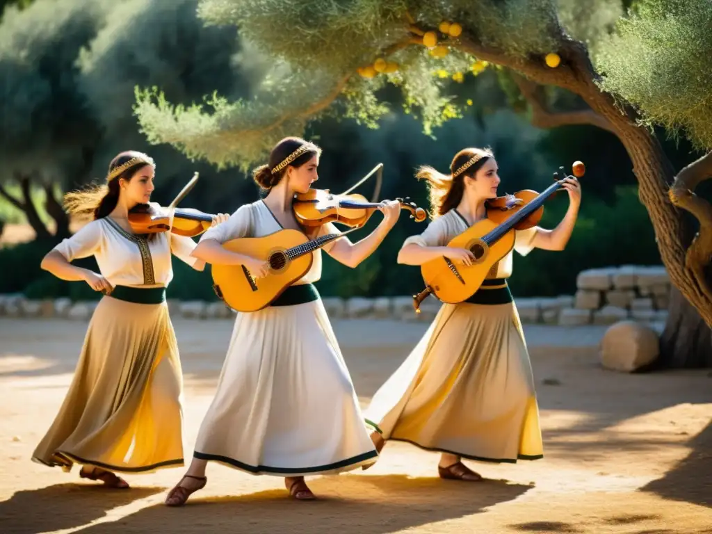 Danzarines griegos en trajes tradicionales, moviéndose con gracia al son del antiguo laúd griego bajo la cálida luz dorada