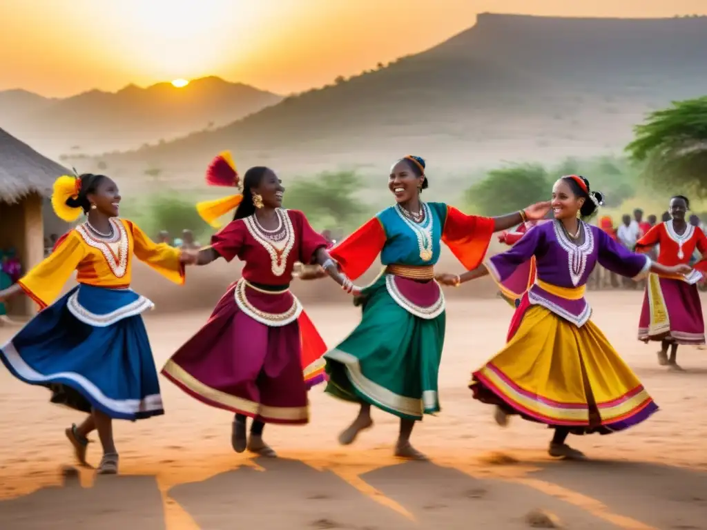 Danzarines de la historia de la danza tradicional, vistiendo trajes vibrantes, ejecutan una danza con pasión al atardecer en una pintoresca aldea