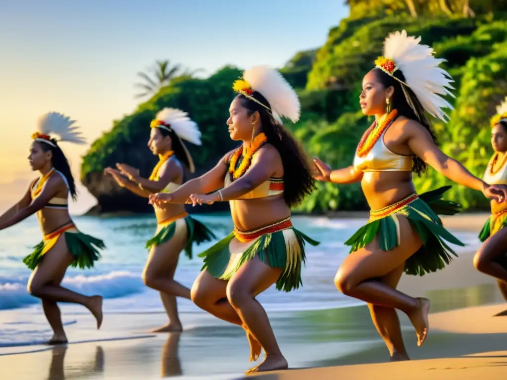 Danzarines indígenas de Oceanía ejecutando un ritual tradicional al atardecer en la playa, mostrando la importancia cultural de la danza en Oceanía