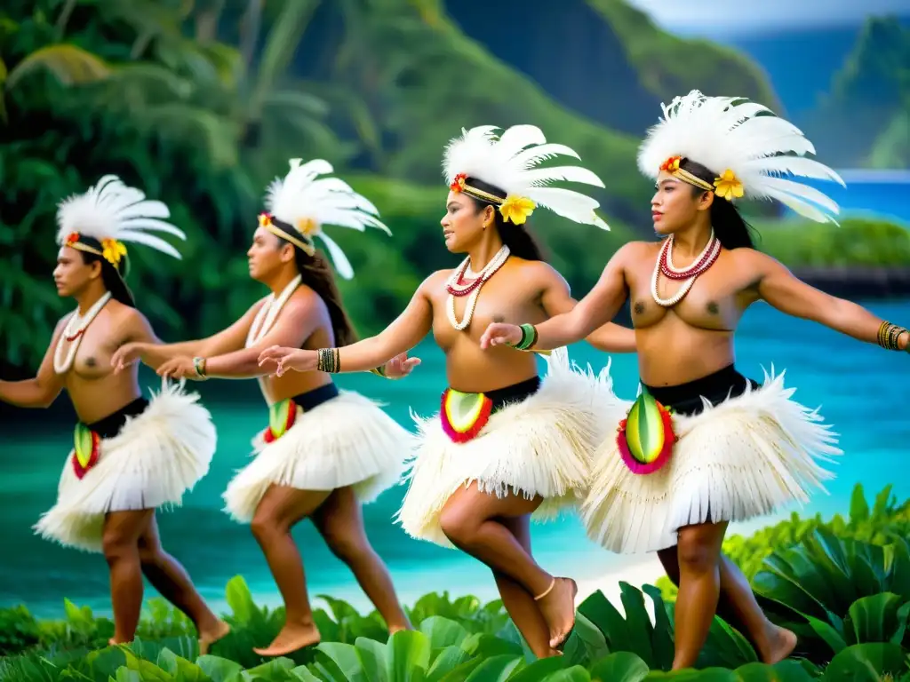 Danzarines polinesios con trajes tradicionales Ura Pau, en evolución técnica, en exuberante entorno natural