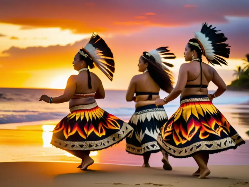 Danzarines samoanos practican movimientos intensos en la playa al atardecer, evocando el Festival de Danza de Samoa con pasión y misticismo