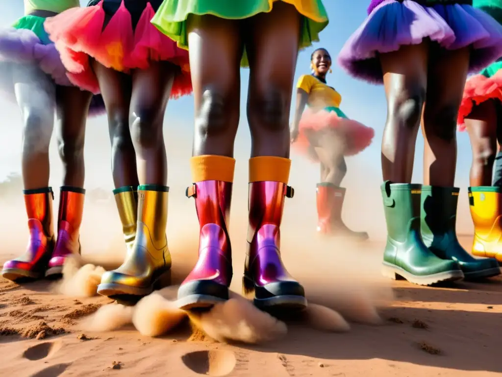 Danzarines sudafricanos ejecutan la tradicional danza de gumboots, rodeados de polvo y admiración