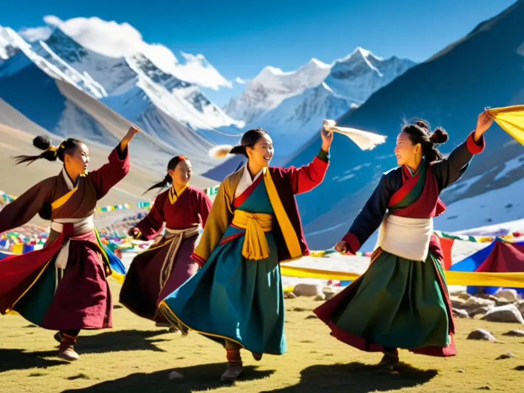 Danzarines tibetanos ejecutando una danza tradicional, con vestimenta vibrante y gestos precisos, en medio de montañas nevadas y banderas de oración