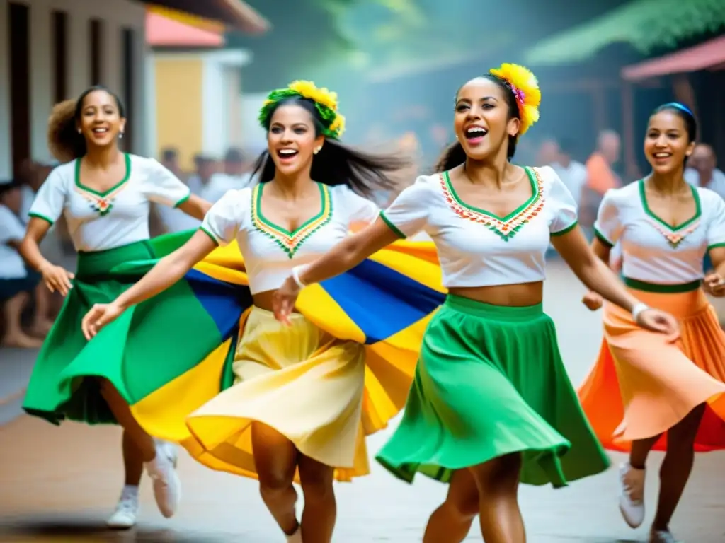 Baile de Xote Brasileño: Color y Pasión Danzarines en trajes brasileños, celebrando el xote brasileño con energía y color