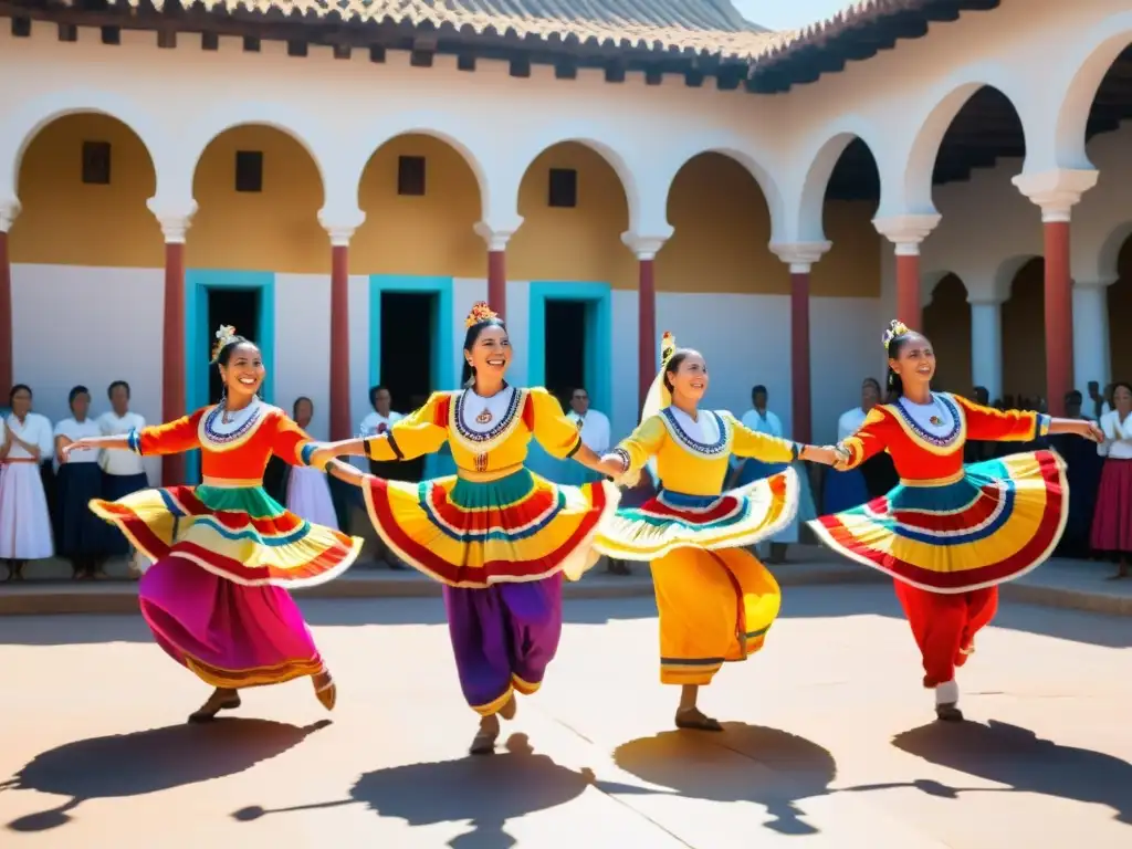 Danzarines en trajes coloridos realizan una rutina sincronizada bajo el sol, rodeados de espectadores aplaudiendo