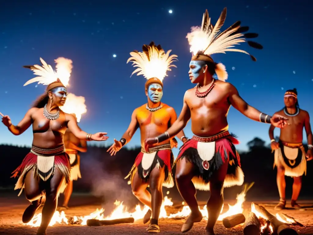 Danzas aborígenes australianas alrededor del fuego nocturno, expresando su rico significado cultural