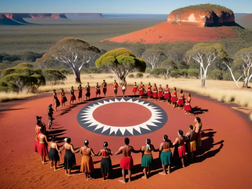 Danzas aborígenes australianas preservadas en un paisaje ancestral, con bailarines y miembros de la comunidad observando con reverencia y orgullo