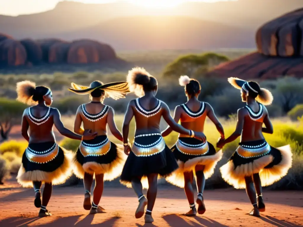 Danzas aborígenes australianas significado ecológico: Grupo de bailarines aborígenes realizando una danza tradicional en el outback, rodeados de un paisaje árido y dorado, destacando la belleza natural y cultural de Australia