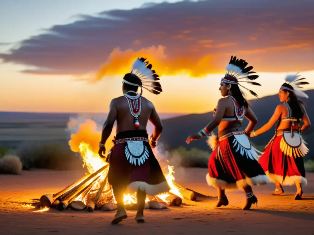 Danzas aborígenes Festival Laura: Grupo de bailarines indígenas realiza danza ceremonial al atardecer, rodeados de naturaleza y tradición