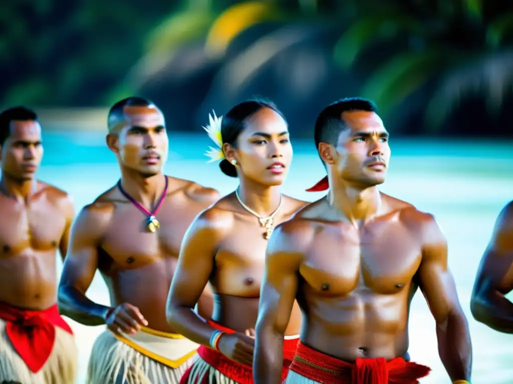 Danzas Kiribati: Bailarines adornados con trajes tradicionales danzan al ritmo de la música sagrada, transmitiendo espiritualidad y tradición