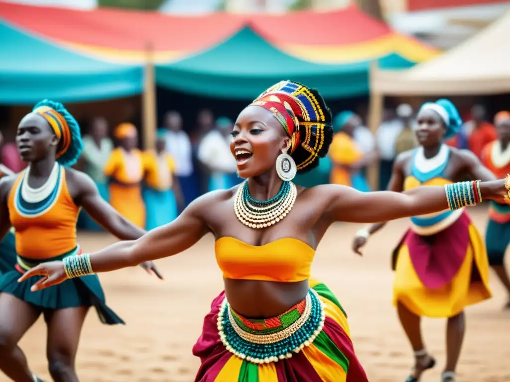 Danzas africanas censuradas durante la colonización: grupo de bailarines en mercado vibrante, celebrando la resistencia cultural