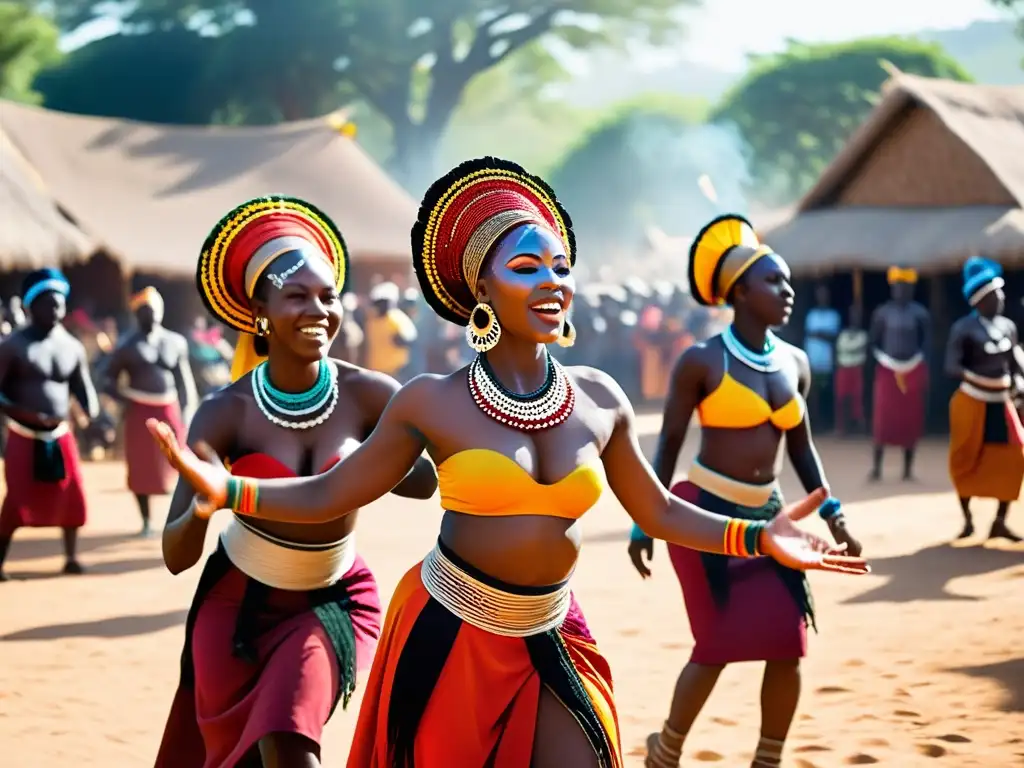 Danzas africanas censuradas colonización: Grupo de bailarines africanos con trajes tradicionales, joyería y maquillaje, realizando movimientos ágiles y elegantes en una plaza polvorienta, entre espectadores cantando y aplaudiendo