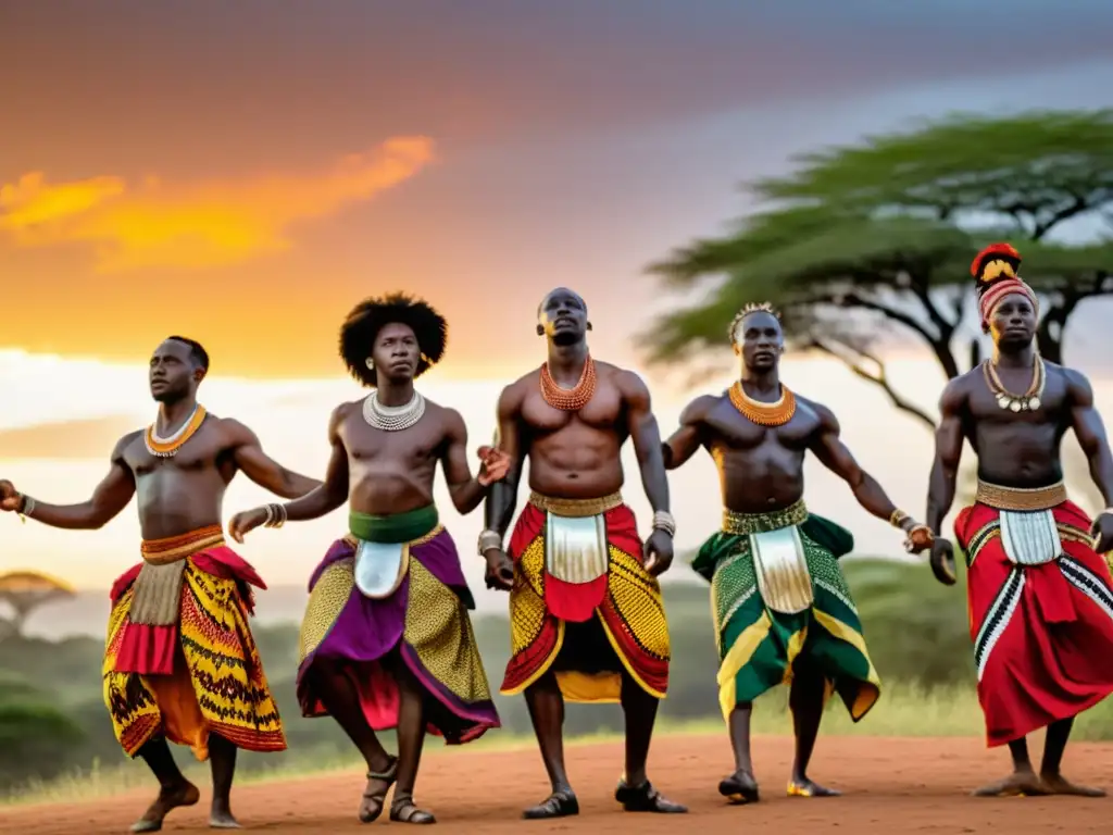 Danzas africanas censuradas: grupo de bailarines expresivos vistiendo atuendos tradicionales, ejecutan una danza poderosa bajo el cielo abierto, en un paisaje africano exuberante al atardecer