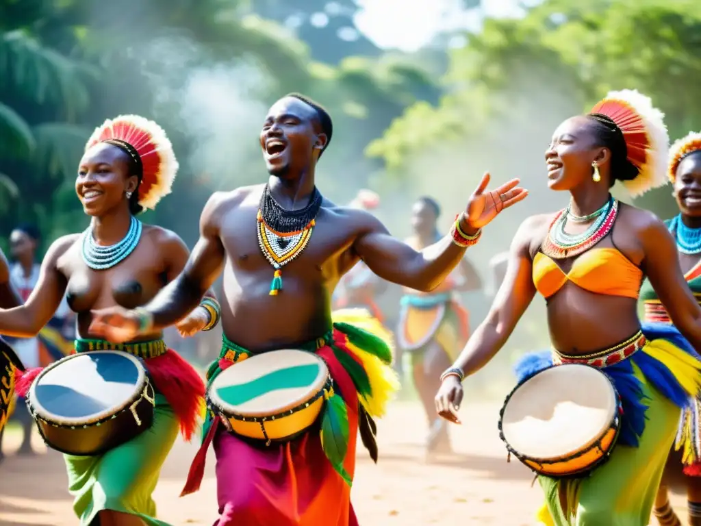 Danzas africanas: grupo vibrante en trajes tradicionales, bailando al ritmo de tambores, expresando su significado cultural