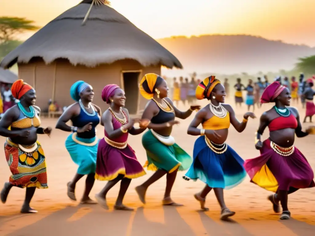 Danzas africanas tradicionales de agradecimiento al atardecer, con vibrantes trajes tradicionales, celebrando la cosecha en un pueblo africano