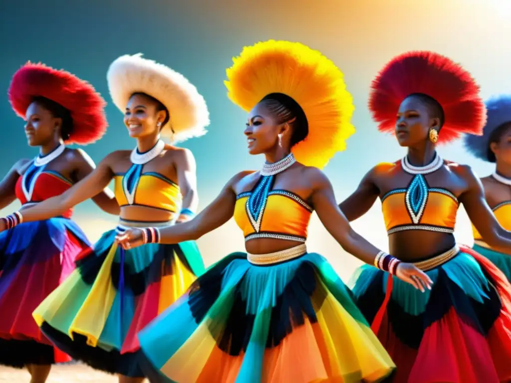 Danzas afrobrasileñas llenas de significado cultural: vibrantes bailarines de Candomblé danzan con pasión y energía bajo el sol