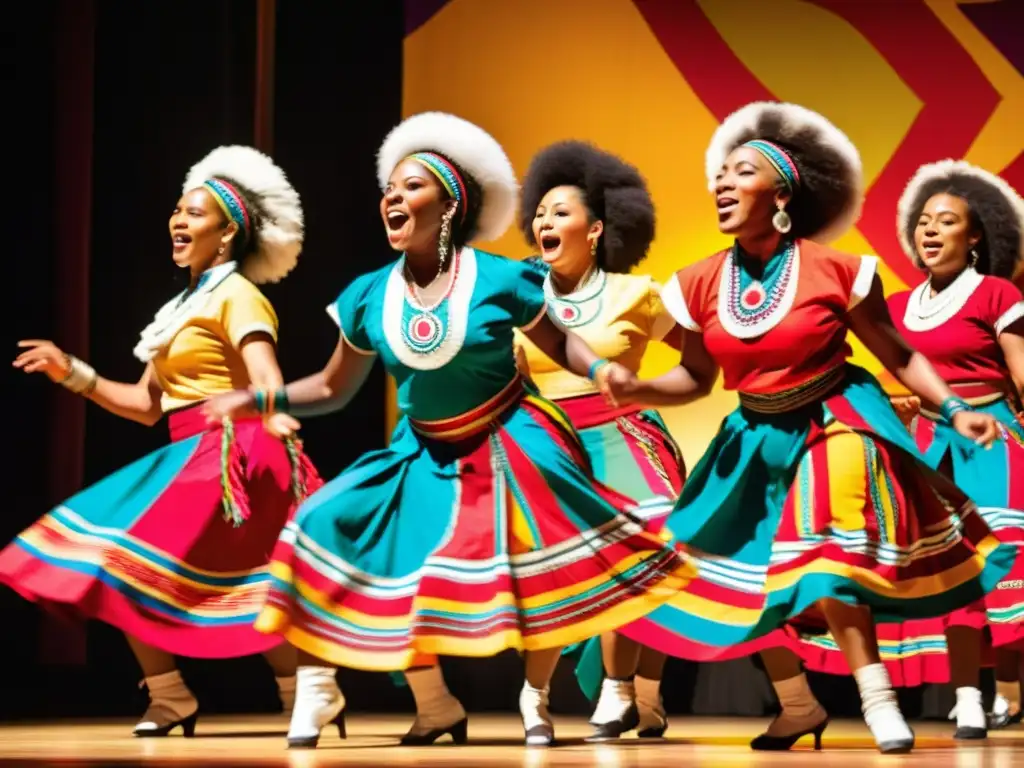 Danzas afroperuanas tradicionales significado cultural: Grupo de bailarines afroperuanos en un escenario, con trajes vibrantes y movimientos expresivos, acompañados por una banda en vivo y una audiencia admirativa