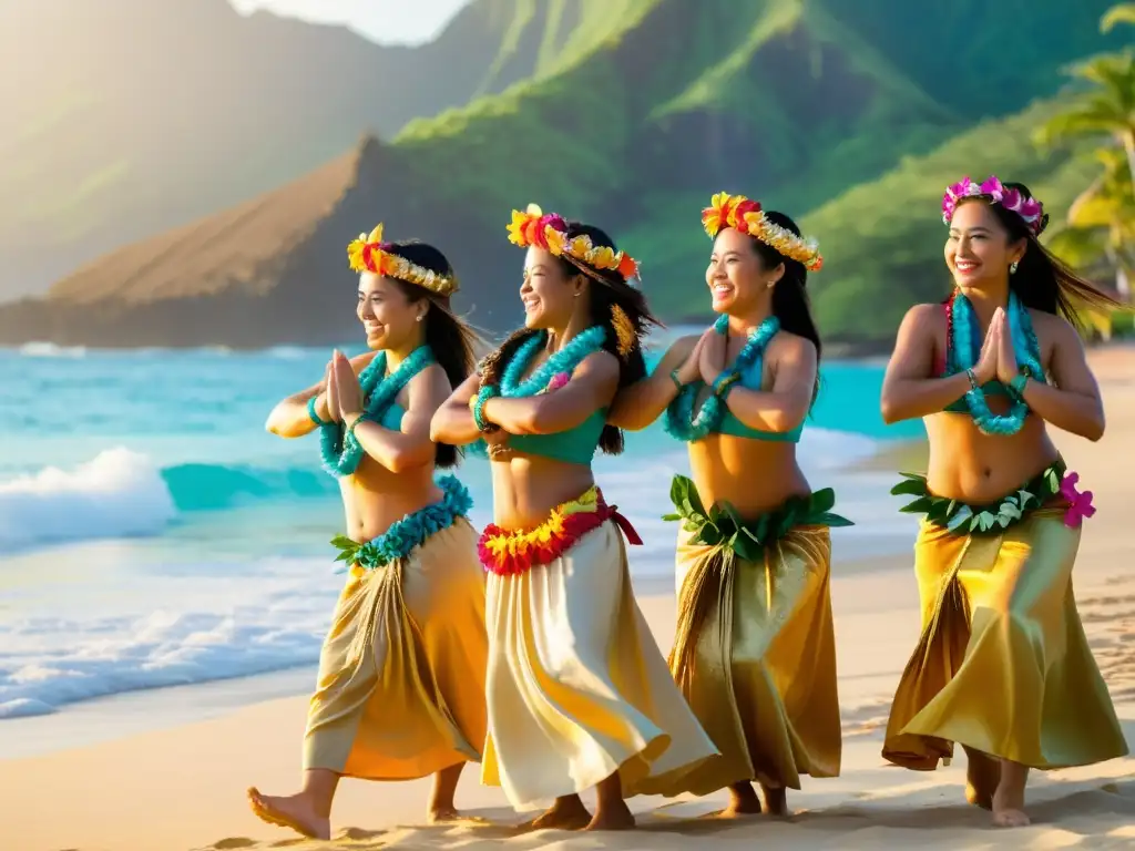 Hula dancers en la playa al atardecer Danzas amorosas de Hawái técnicas' - Grupo de bailarinas hawaianas en la playa al atardecer, movimientos gráciles y coloridos atuendos florales
