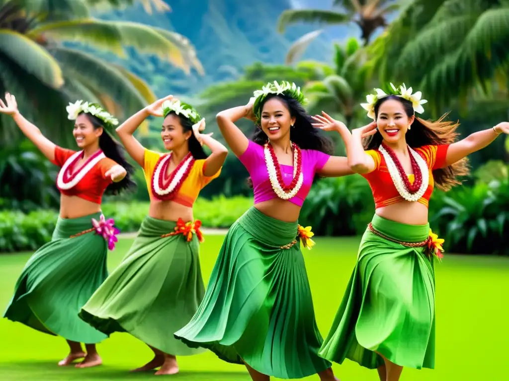 Danza hula: tradición hawaiana en movimiento Danzas amorosas de Hawái técnicas: Grupo de bailarinas de hula en trajes tradicionales, movimientos gráciles y coloridos