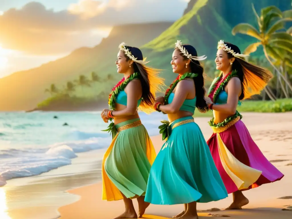 Baile hawaiano al atardecer: gracia y pasión en la playa Danzas amorosas de Hawái técnicas: Grupo de bailarinas de hula en la playa al atardecer, movimientos gráciles y faldas coloridas al viento