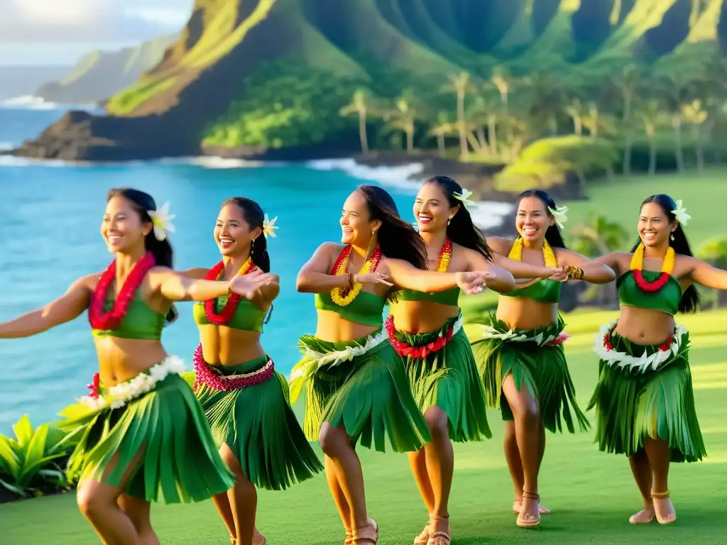 Baile hawaiano: pasión y gracia junto al mar Danzas amorosas de Hawái técnicas: Hula dancers con trajes tradicionales en un paisaje exuberante, expresando pasión y gracia al bailar