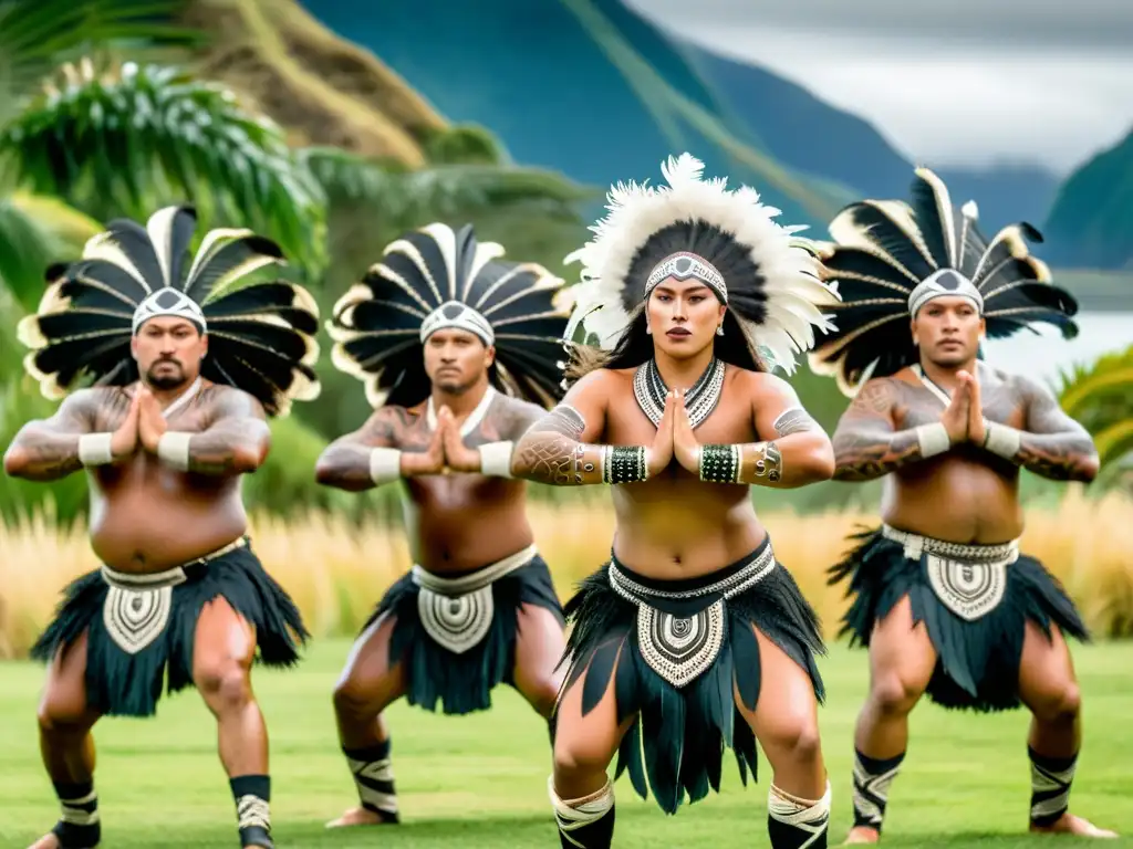 Haka maorí: danza ancestral llena de poder y tradición en Nueva Zelanda Danzas ancestrales maoríes significado cultural: Grupo de bailarines maoríes realizando el poderoso haka, con tatuajes faciales y trajes de plumas, en un paisaje exuberante de Nueva Zelanda