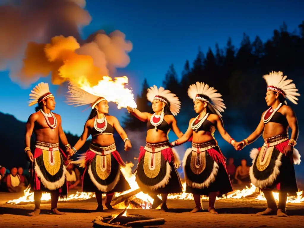 Danzas ancestrales significado cultural: Grupo de bailarines indígenas ejecutan danza sagrada alrededor de fogata, en vibrante atuendo tradicional