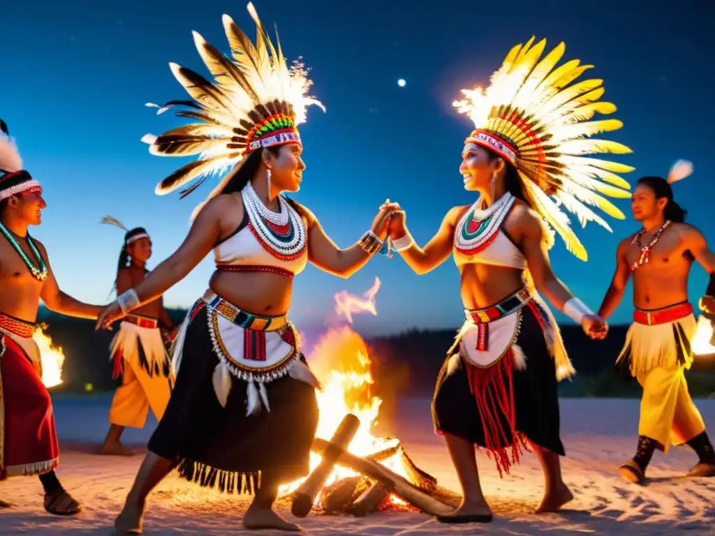 Danzas ancestrales significado cultural: Grupo de bailarines indígenas en trajes vibrantes alrededor de una fogata bajo el cielo nocturno