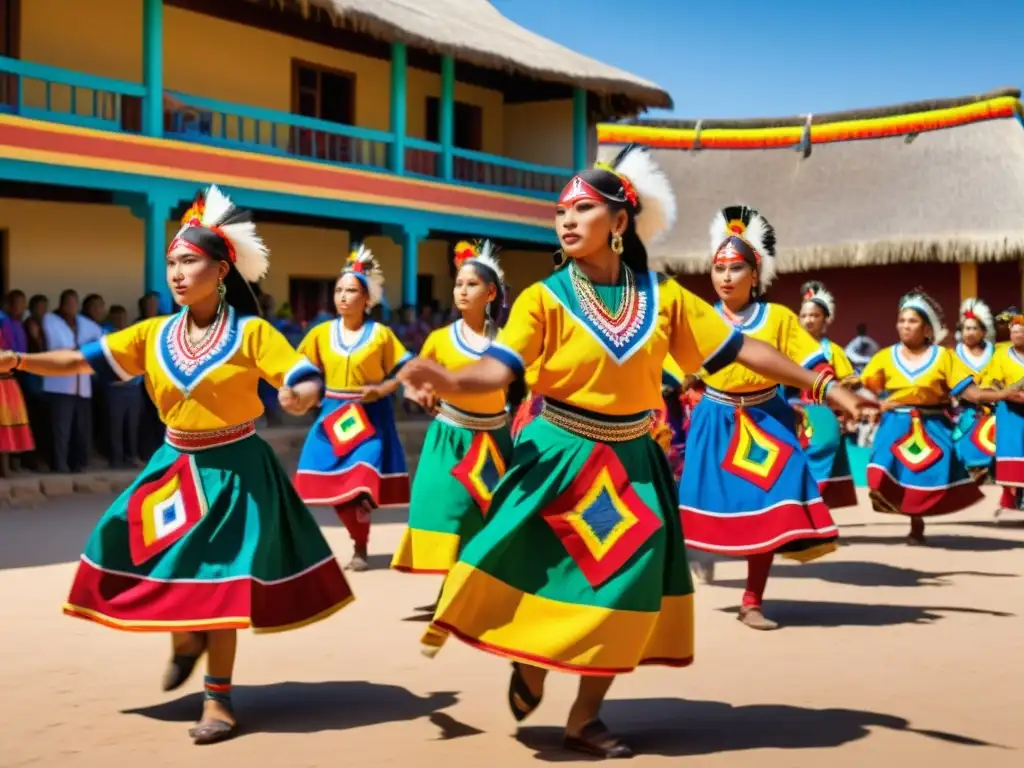 Danzas ancestrales significado cultural: Fotografía detallada de danzantes indígenas en una plaza vibrante, transmitiendo energía y tradición