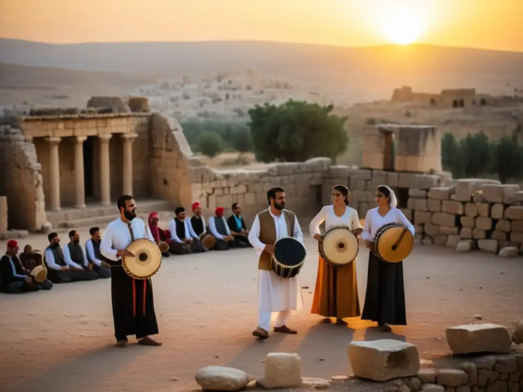 Danzas antiguas de Siria significado cultural: Músicos tradicionales y ruinas al atardecer, evocando la riqueza histórica y cultural de la región