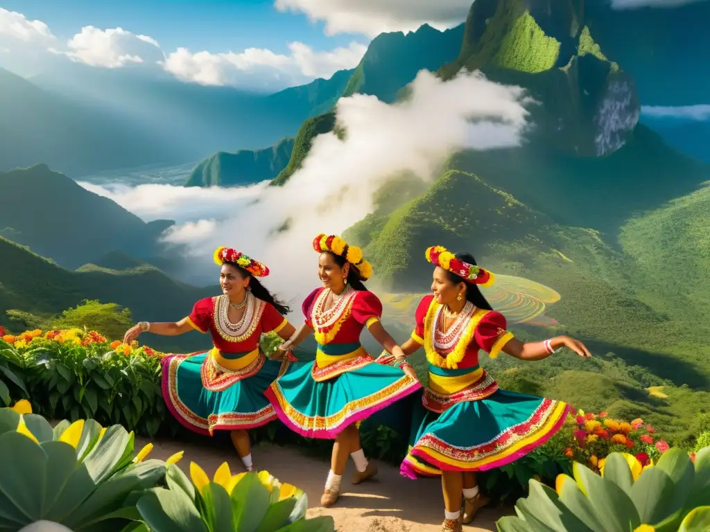 Danzas autóctonas en la Huasteca: Grupo de bailarines con trajes tradicionales coloridos realizando una danza vibrante en un paisaje exuberante