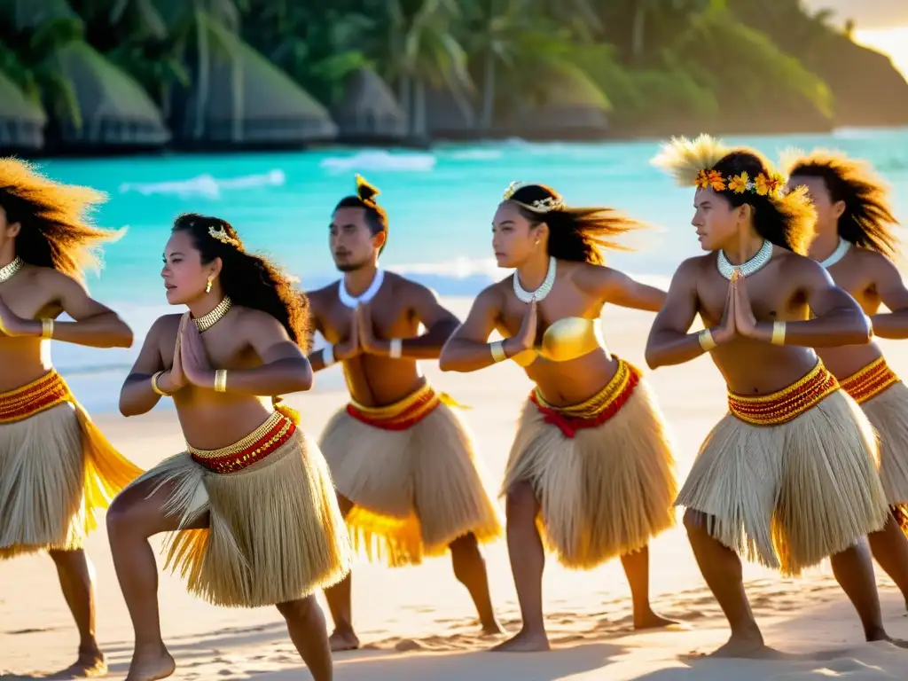 Danzas ceremoniales en las Islas Cook, significado cultural capturado en la intensidad de los movimientos y la vibrante vestimenta tradicional de los bailarines en la playa