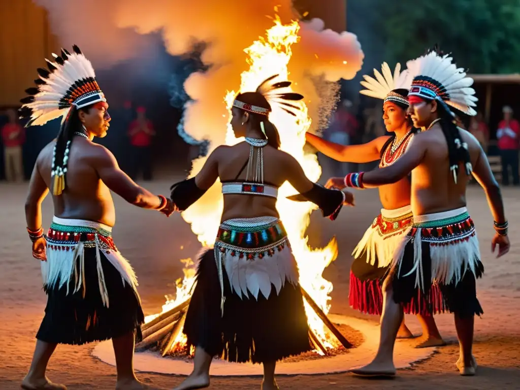 Danzas chamánicas nativos americanos significado cultural: Grupo de bailarines nativos americanos con trajes tradicionales alrededor de una fogata