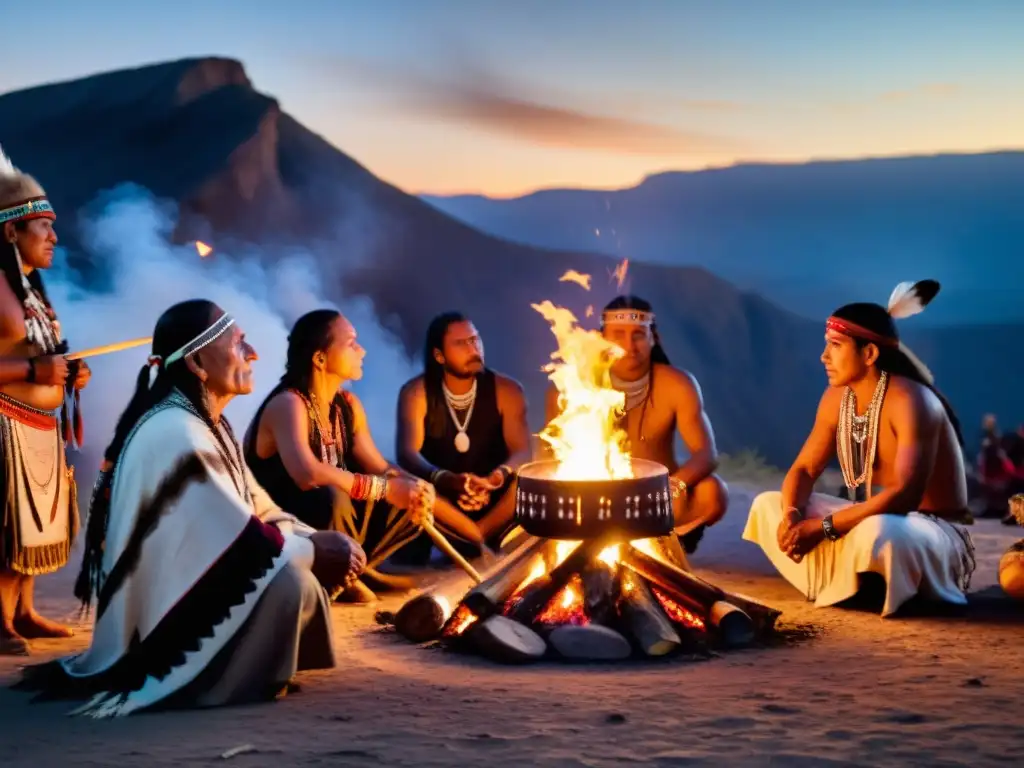 Danzas chamánicas nativos americanos significado cultural: Grupo de chamanes nativos en ceremonia alrededor de una fogata en la naturaleza