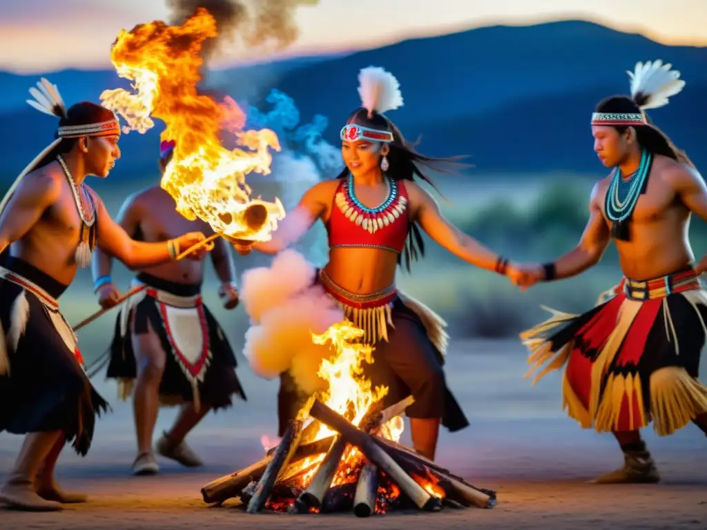 Danzas chamánicas nativos americanos significado cultural: Grupo bailando alrededor de fogata con vestimenta ceremonial vibrante