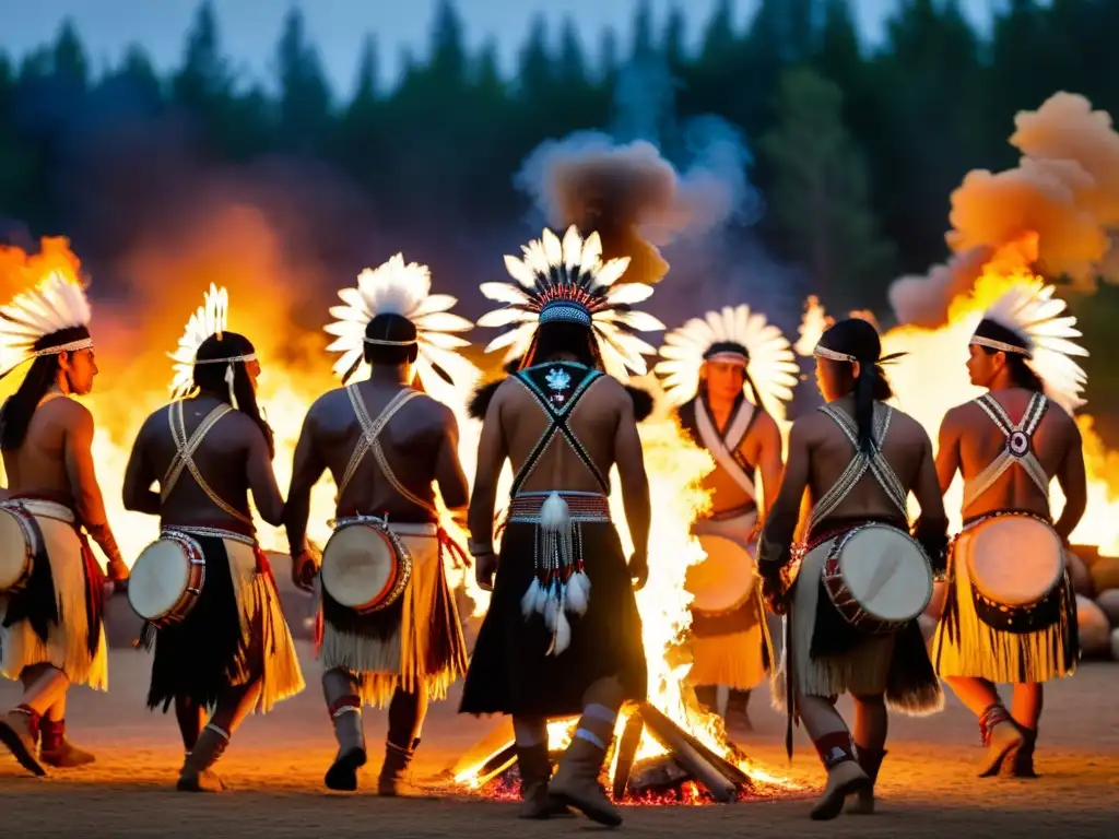 Danzas chamánicas nativos americanos significado cultural: Grupo de bailarines nativos americanos con trajes tradicionales alrededor de una fogata, en una atmósfera espiritual y reverente