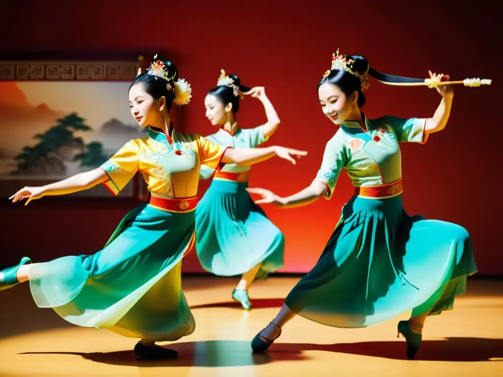 Danzas chinas tradicionales: elegancia oriental capturada en vibrantes movimientos y coloridos trajes en un estudio soleado