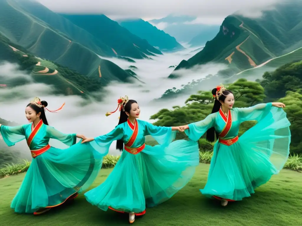 Danzas chinas tradicionales: elegancia oriental en movimiento armonioso frente a una pintoresca montaña brumosa