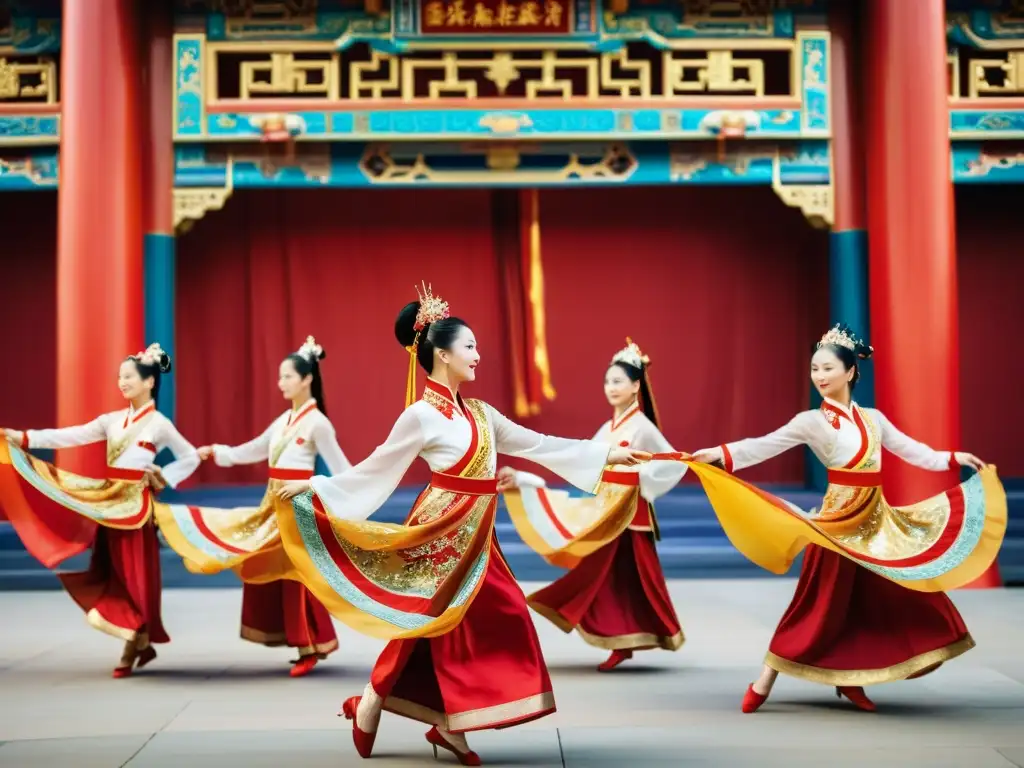 Danzas chinas tradicionales: elegancia oriental en una actuación de gracia y colorido en trajes ornamentados con movimientos fluidos y gestos precisos