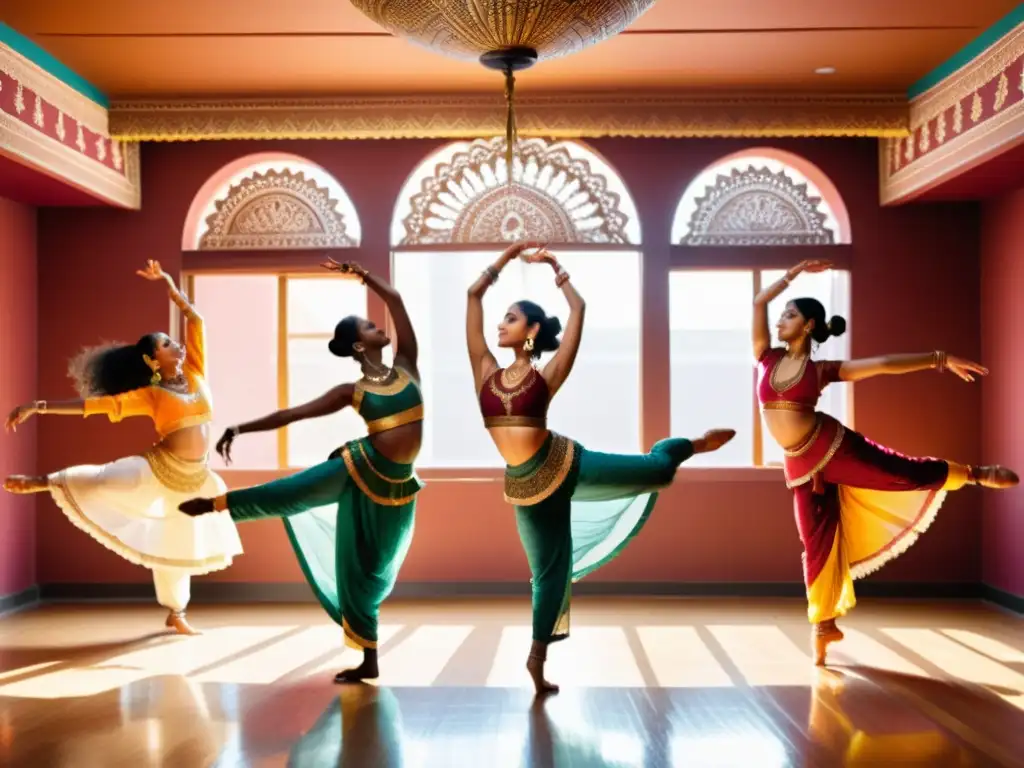 Danzas clásicas de la India: Estudio de baile con decoración tradicional y bailarines practicando movimientos elegantes