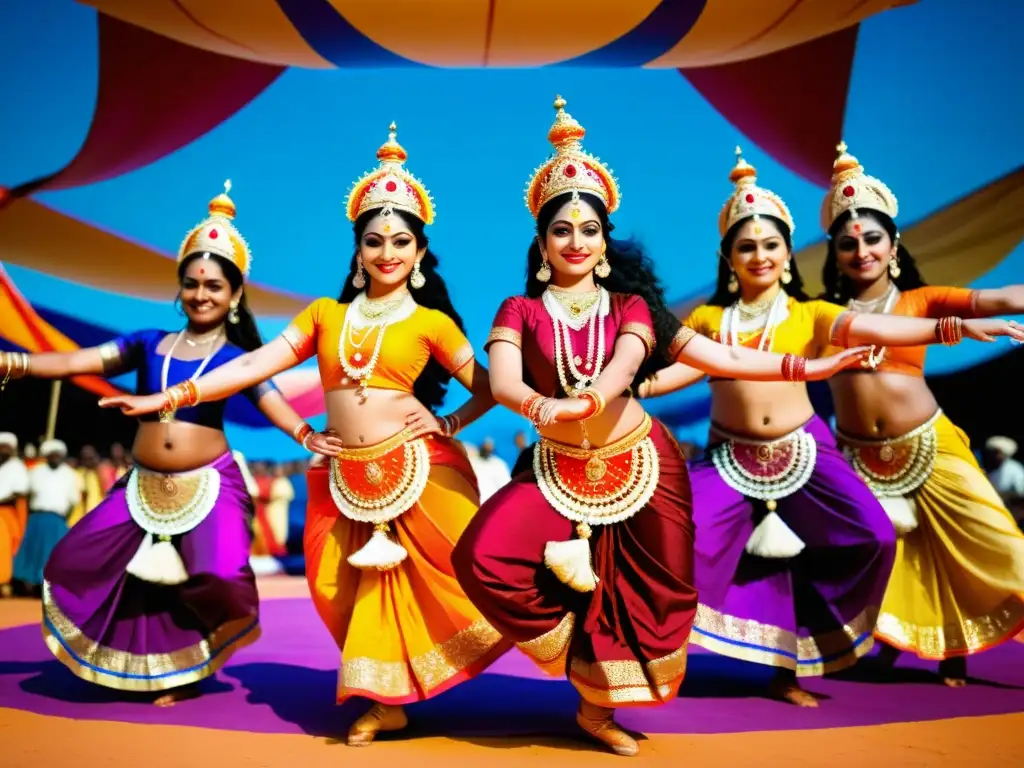 Danzas clásicas en la Kumbh Mela: Grupo de bailarines en un escenario colorido y detallado, cautivando a una audiencia asombrada y reverente