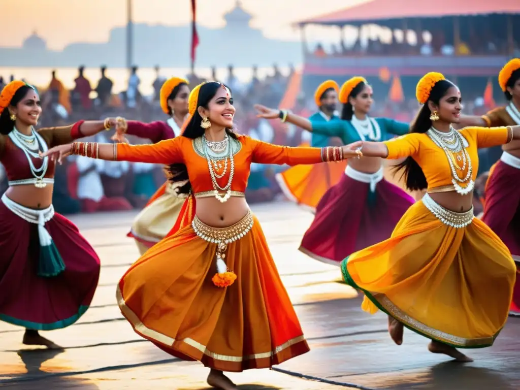 Danzas clásicas en la Kumbh Mela: Grupo de bailarines indios con trajes vibrantes actúan graciosamente ante una multitud diversa y cautivada