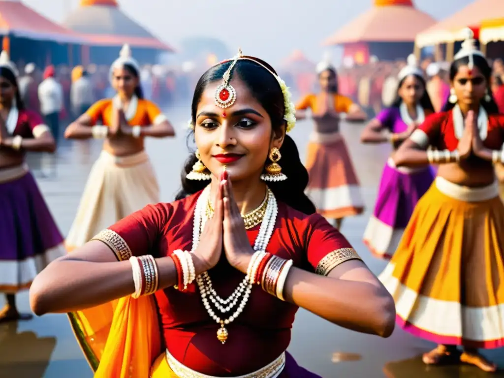 Danzas clásicas en la Kumbh Mela: Grupo de bailarines indios en atuendos tradicionales, ejecutando mudras con gracia y expresión en festival cultural